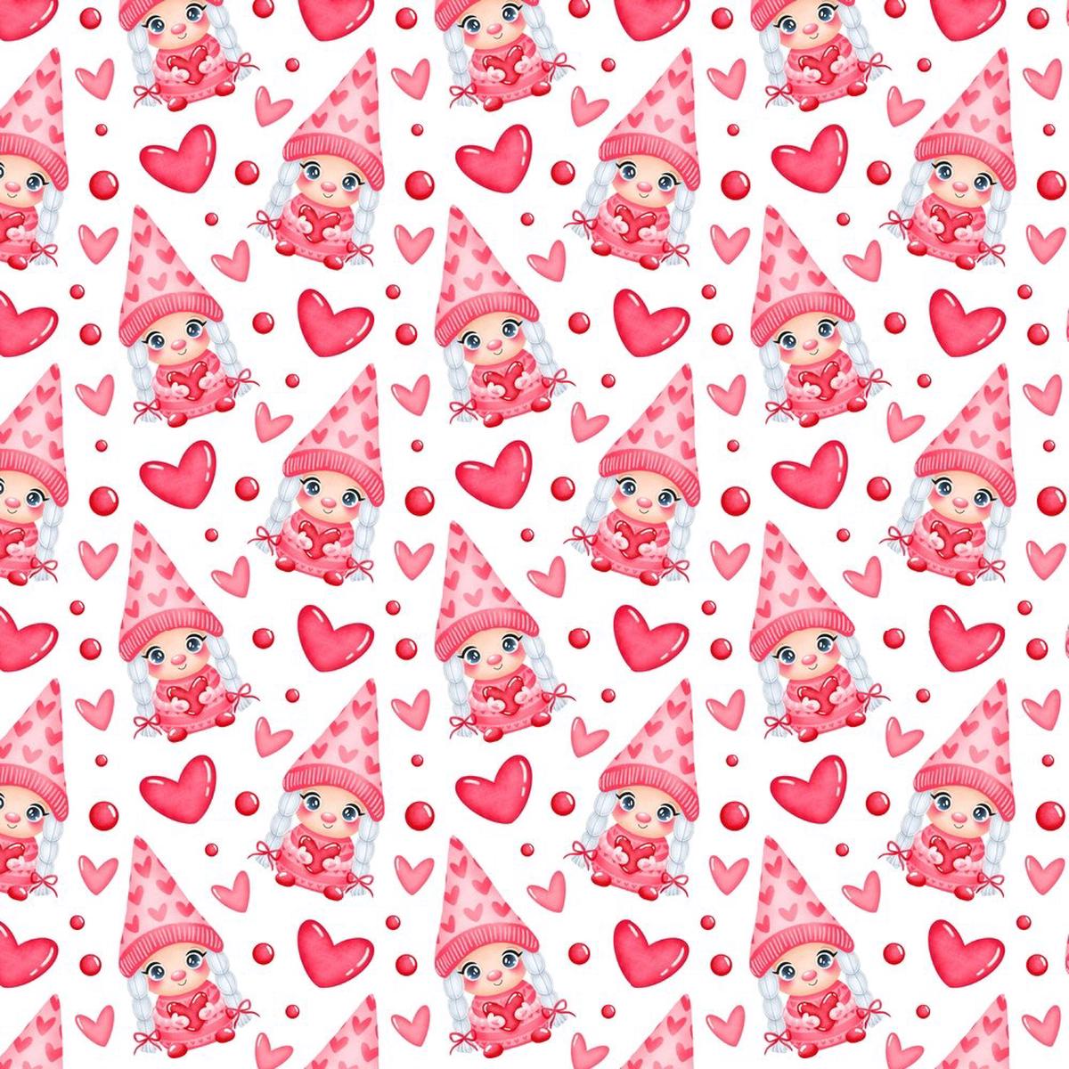 Cartoon Valentine Girl Gnome In Love Fabric - Pink