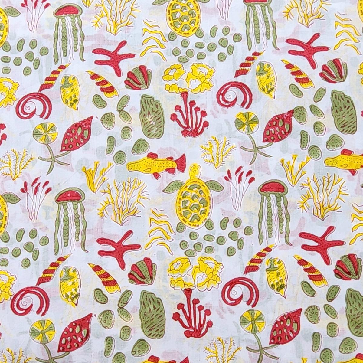 Pure Cotton Jaipuri White With Sea Creatures Motif Hand Block Print Fabric