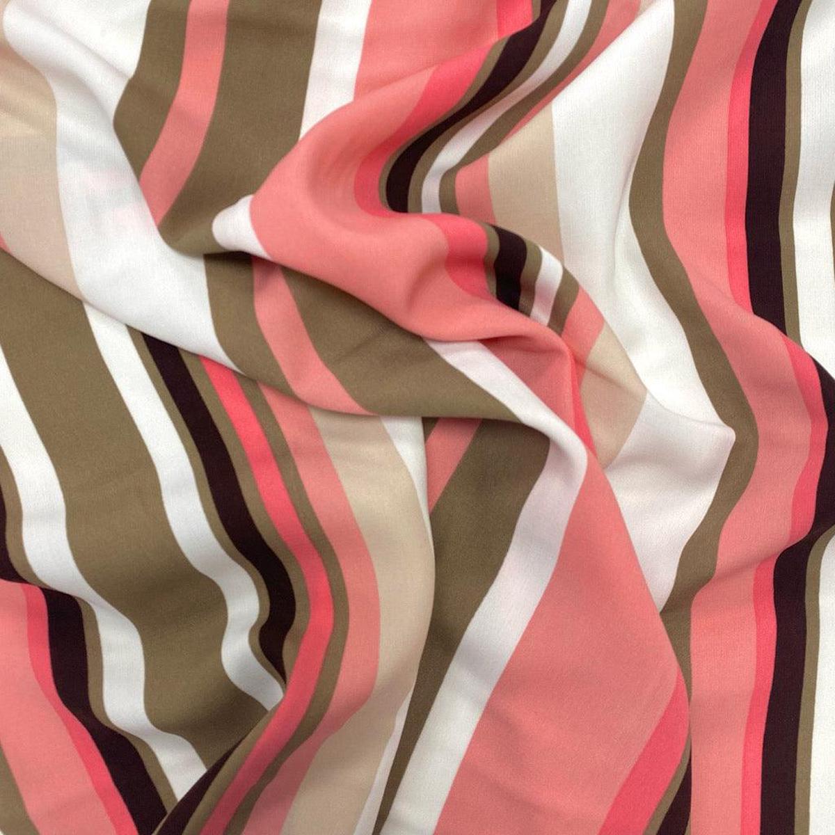 Pink, Black and Taupe Stripes on White Polyester Fabric - 3m Pre-cut