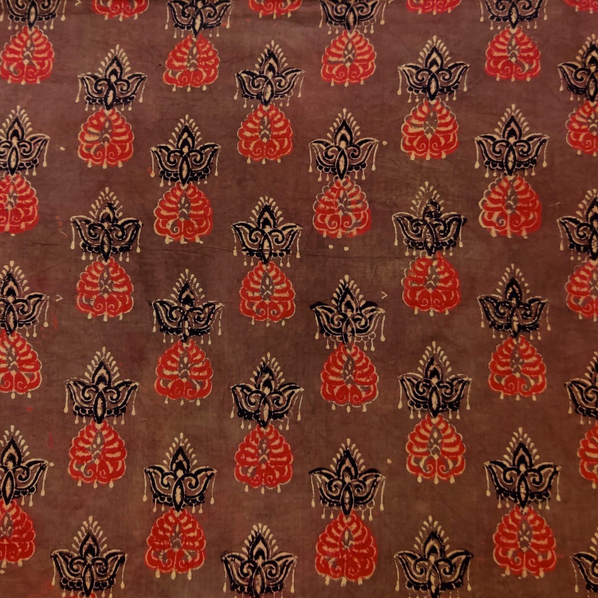Pure Cotton Ajrak Brown With An Intricate Black And Madder Ajrak Motif Hand Block Print Fabric