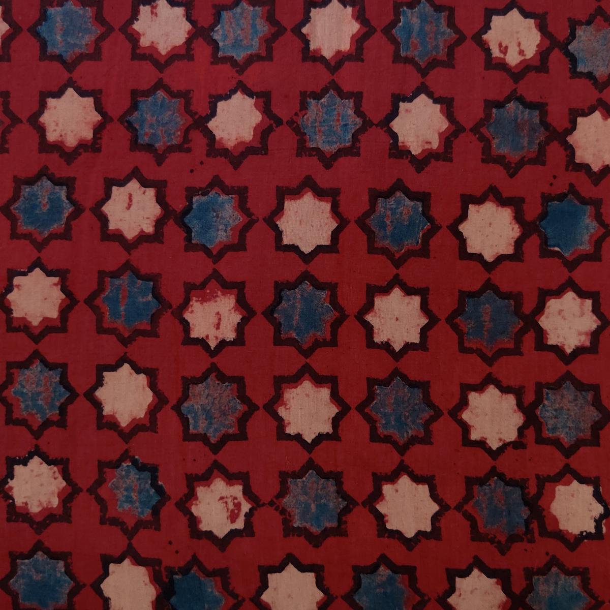 Pure Cotton Ajrak Maroon Stars Hand Block Print Fabric