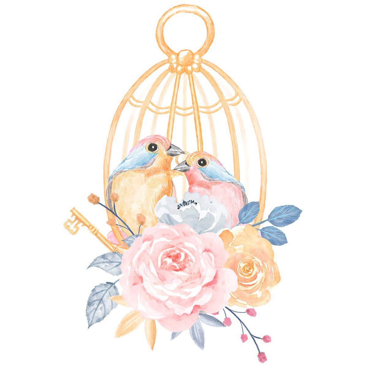 Cute Birds and Flowers Caged Fabric Panel