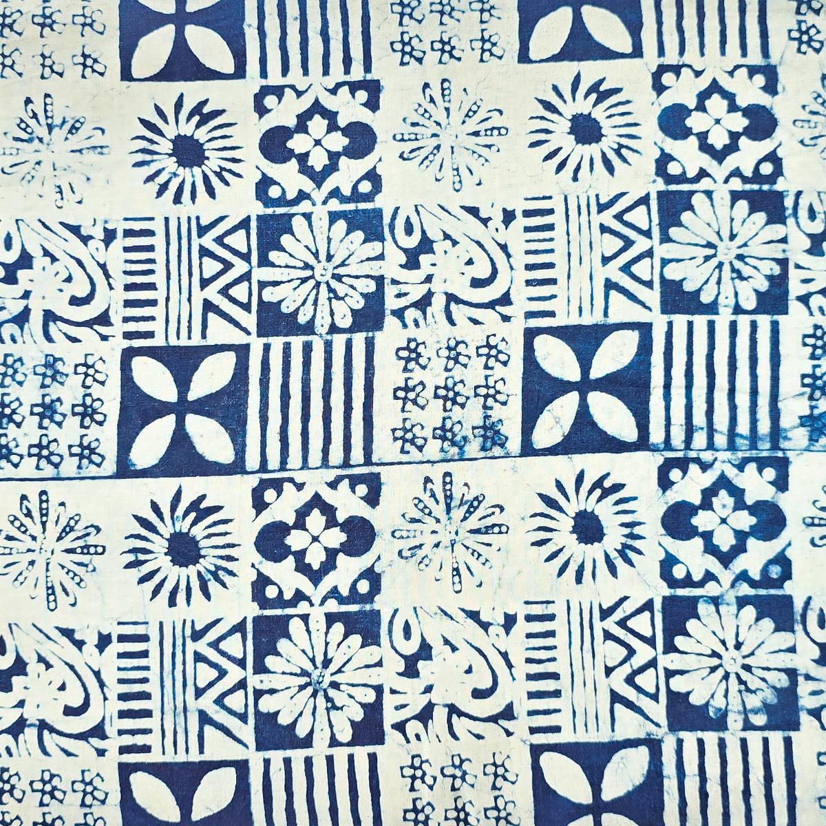 Pure Cotton Indigo Multi Flower Blocks Design Hand Block Print Fabric