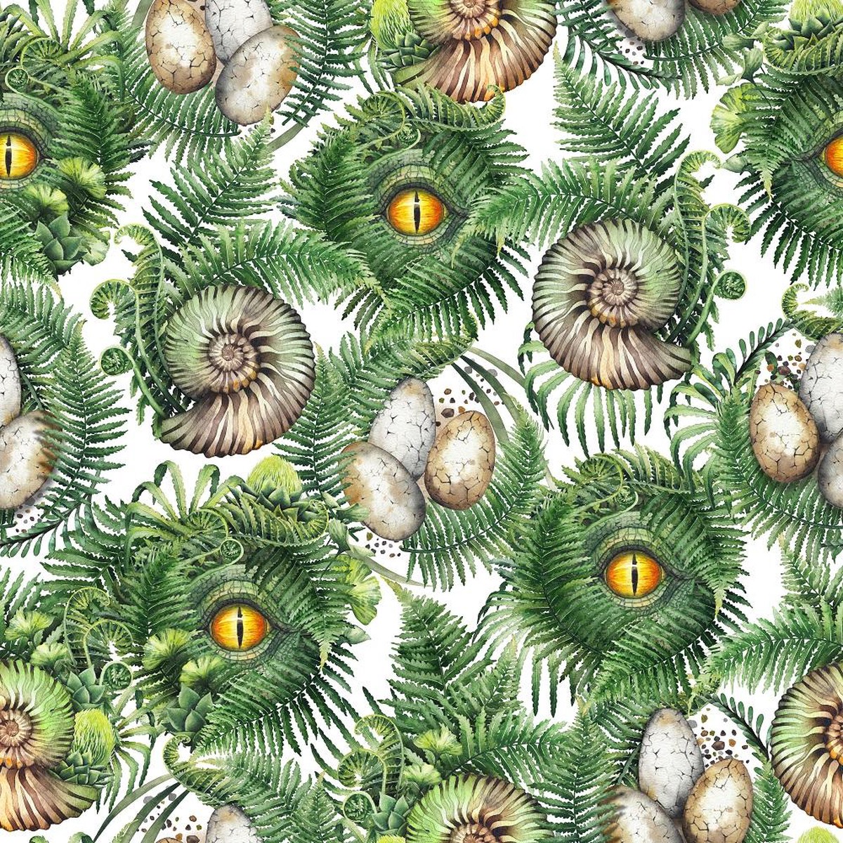 Watercolor Dinosaur Eyes Fossils Eggs Fabric - White