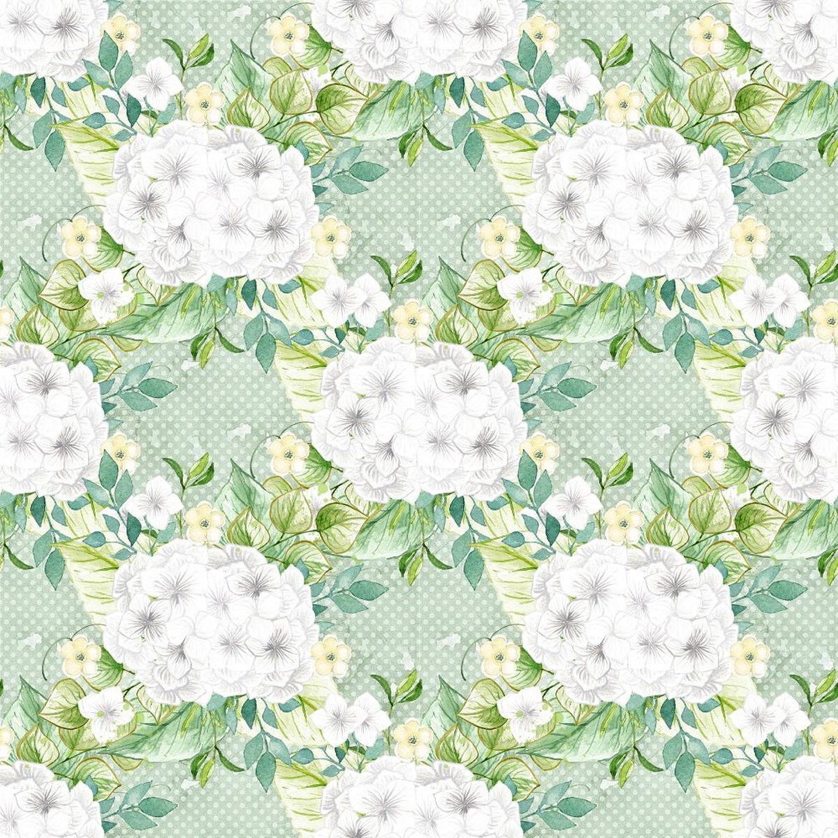 White Hydrangeas Bouquets on Green Dots Fabric