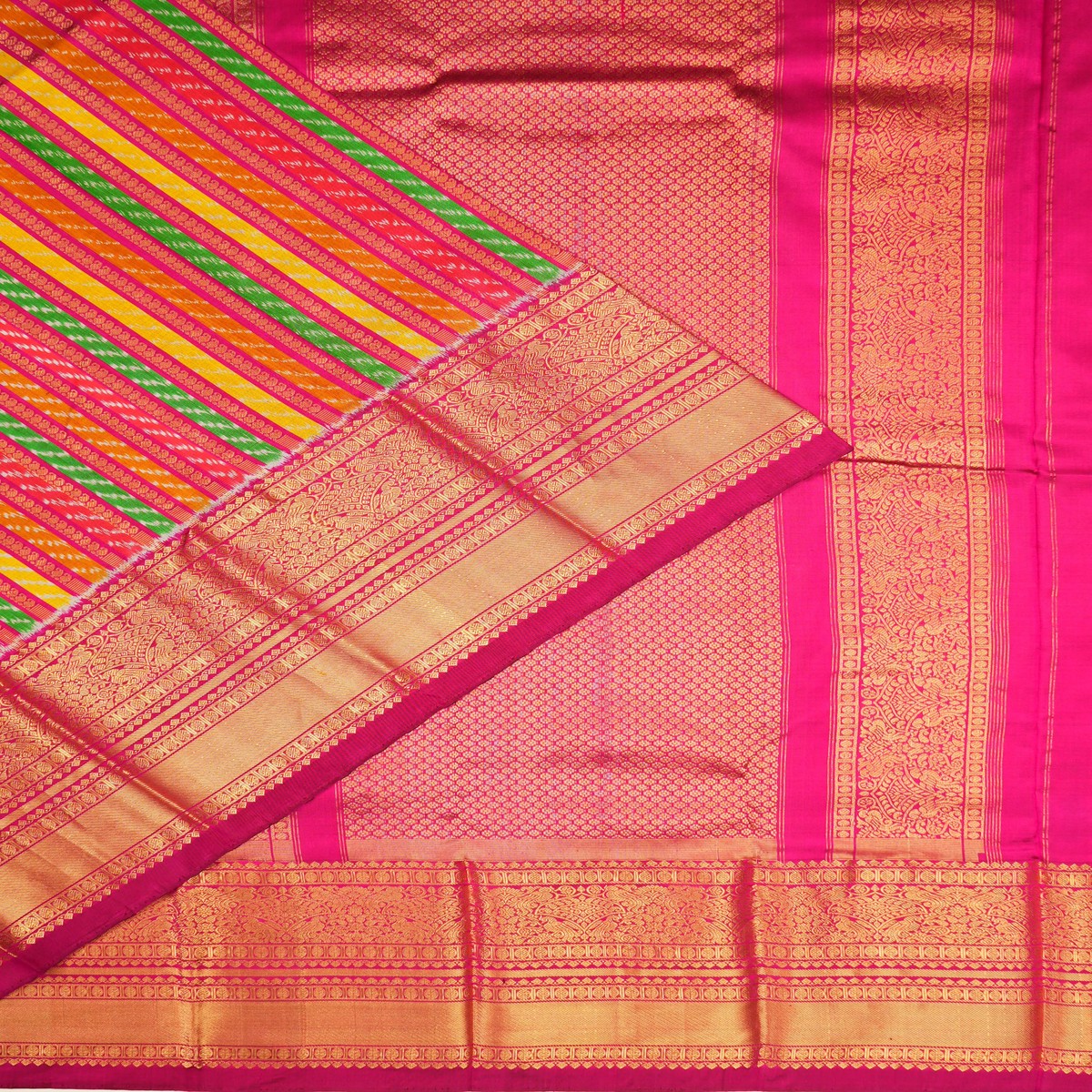 Kanchipuram Silk Ikat And Vertical Lines Multicolour Pink Saree