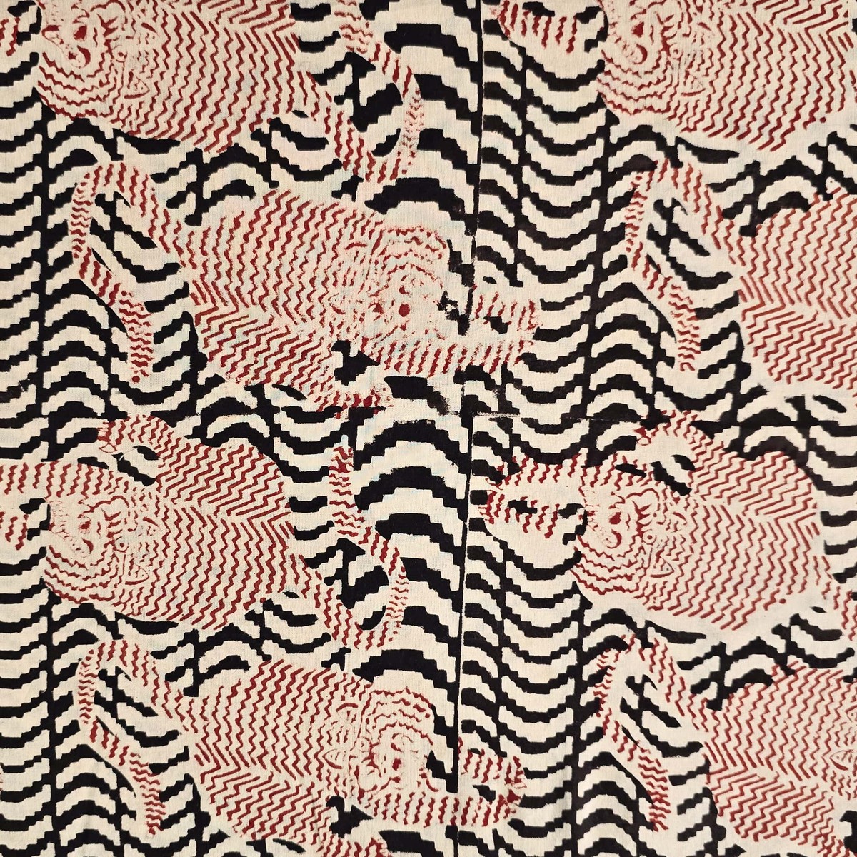 Pure Cotton Bagru Rust Red And Cream With Black Tiger Hand Block Print Fabric