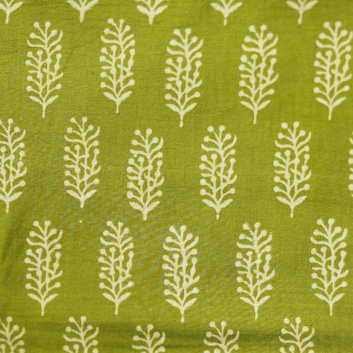 Pure Cotton Gamthi Parrot Green With Cream Plant Motif Hand Block Print Fabric