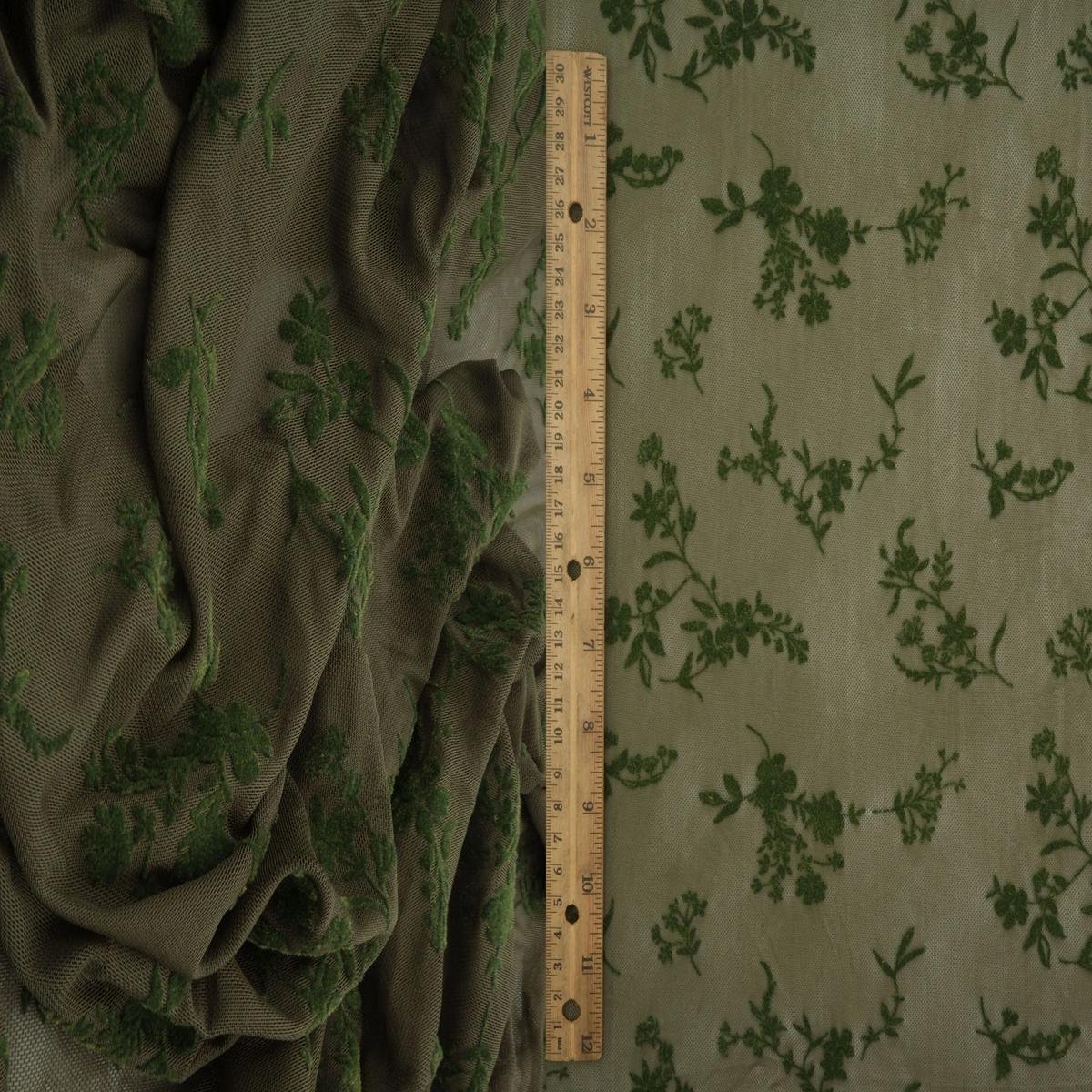 Floral Flocked Mesh Fabric FLOCK-MS11563 - OLIVE