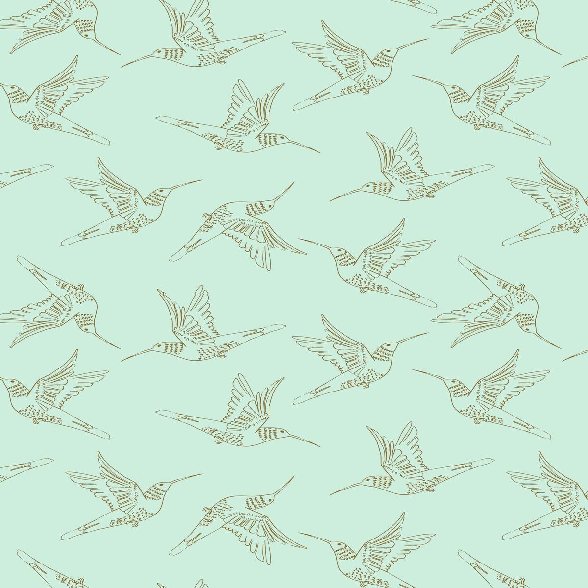 Serenity Blooms Hummingbird Dance By Ginger Deverell For Poppie Cotton Mint / Metallic Gold
