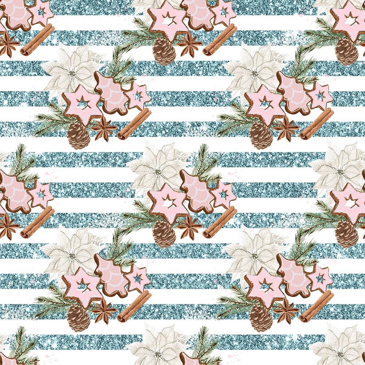 Christmas Elements on Stripes Fabric - Blue
