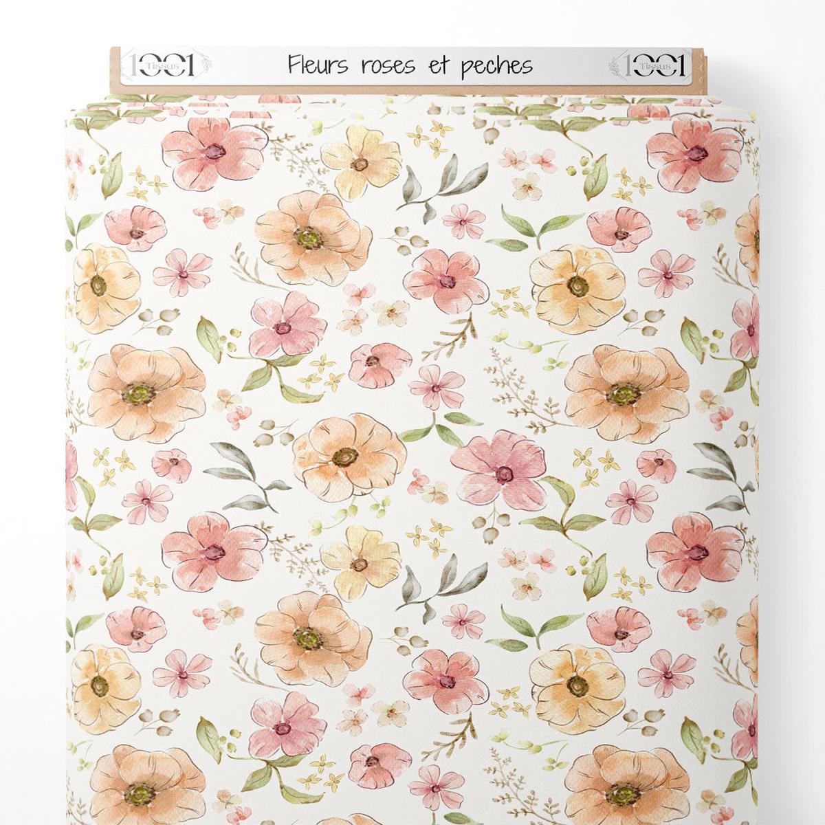 Tissu - Fleurs roses et pches