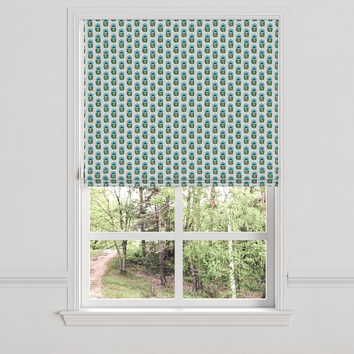 Flat Roman Shade in Mini Florals - Mountain Teal