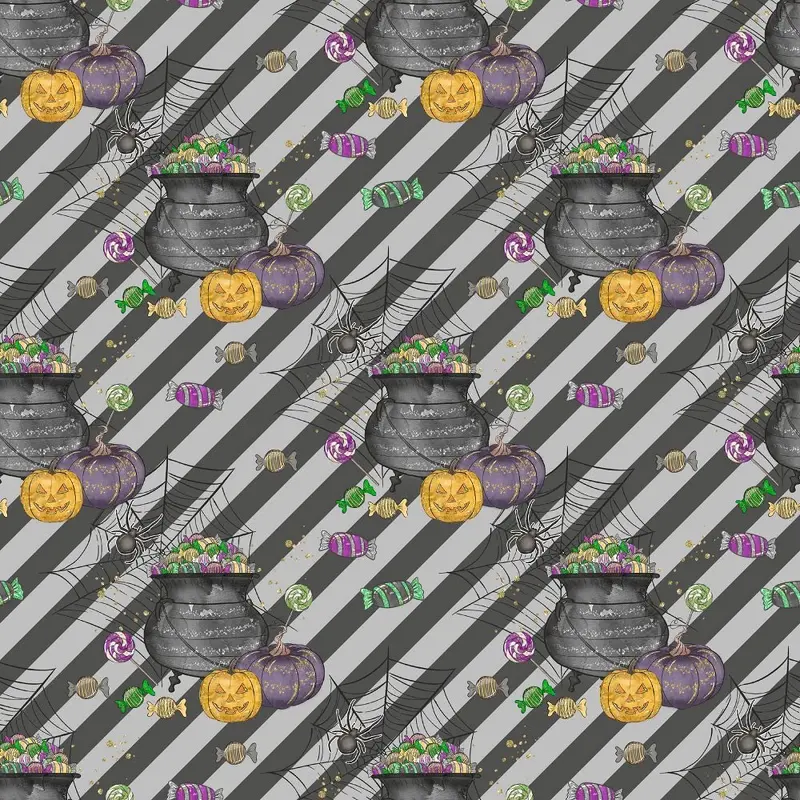 Halloween Candy Elements on Diagonal Stripes Fabric - Gray