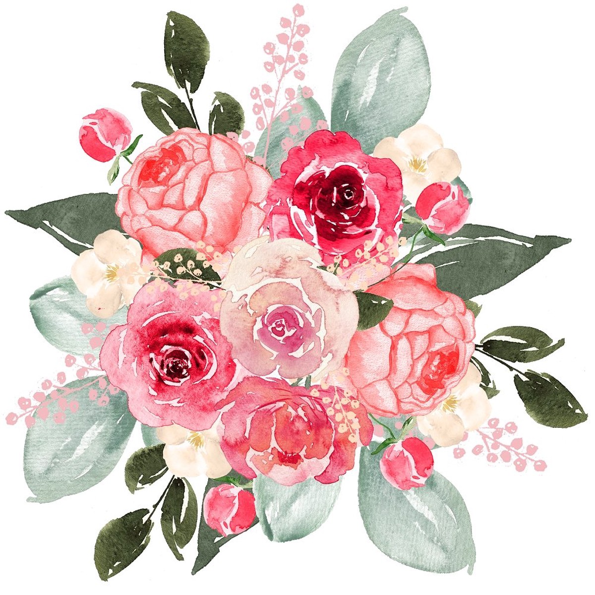 Watercolor Valentine Roses Bouquets 1 Fabric Panel