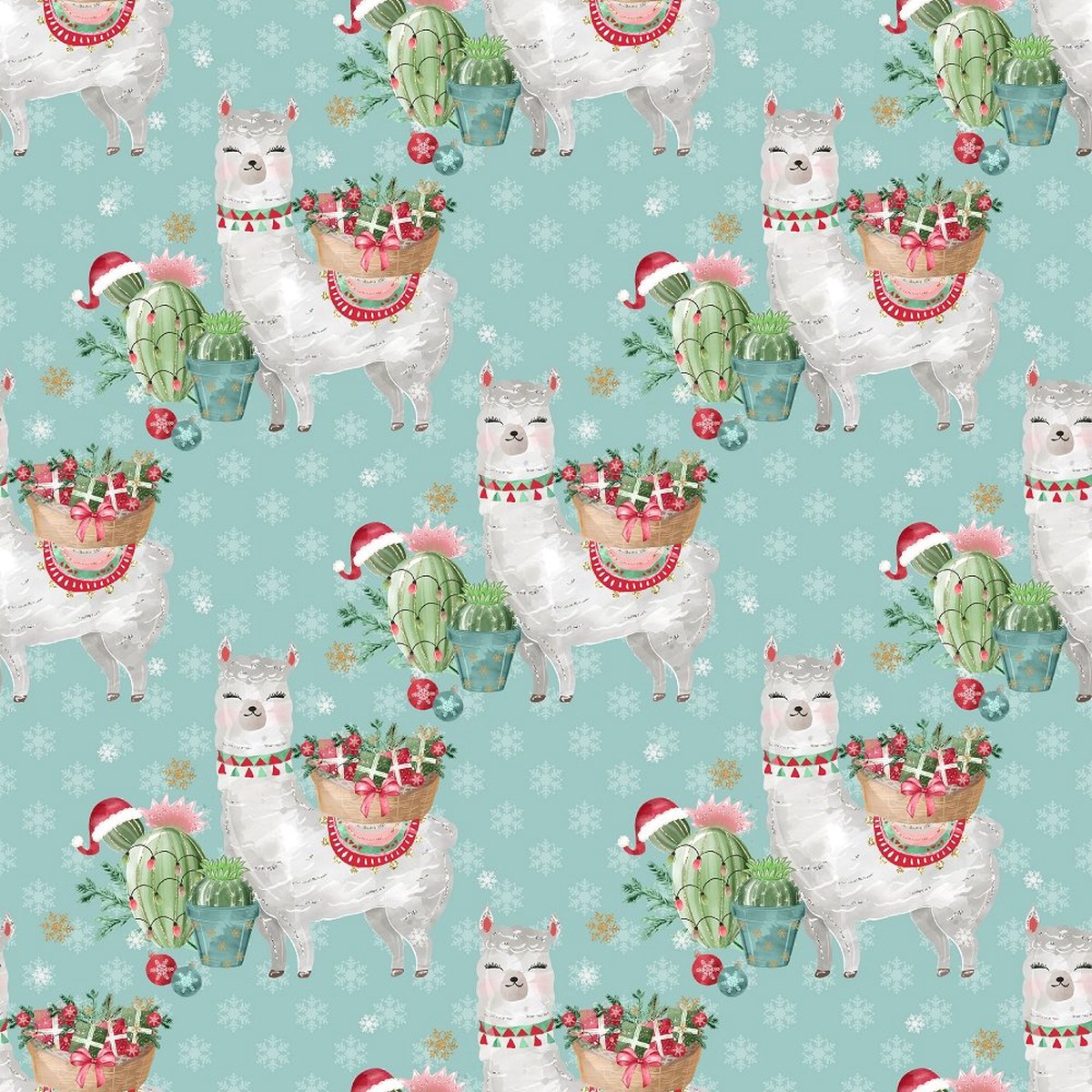 Jolly Llama on Snowflake Fabric - Teal
