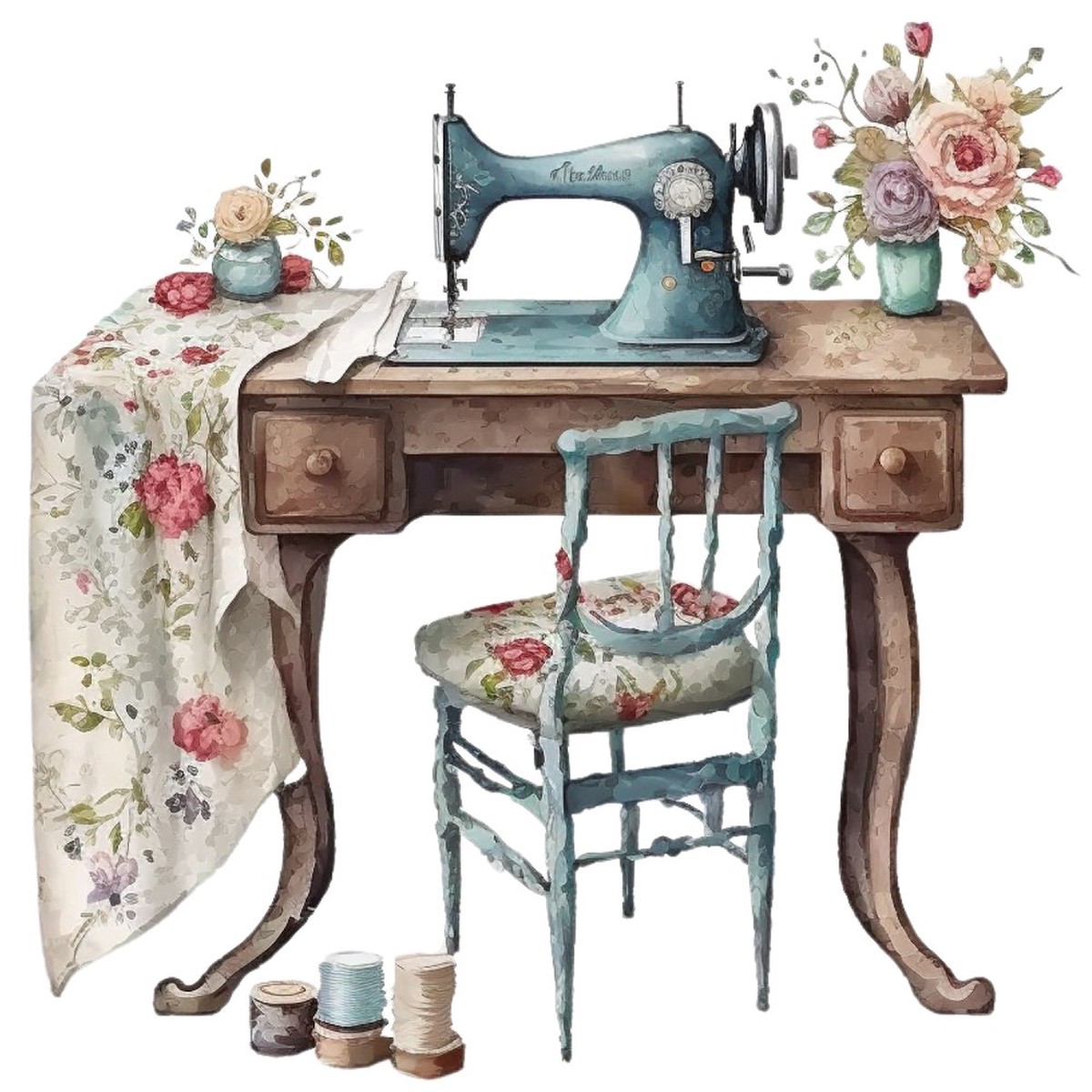 Vintage Floral Sewing Machine 7 Fabric Panel