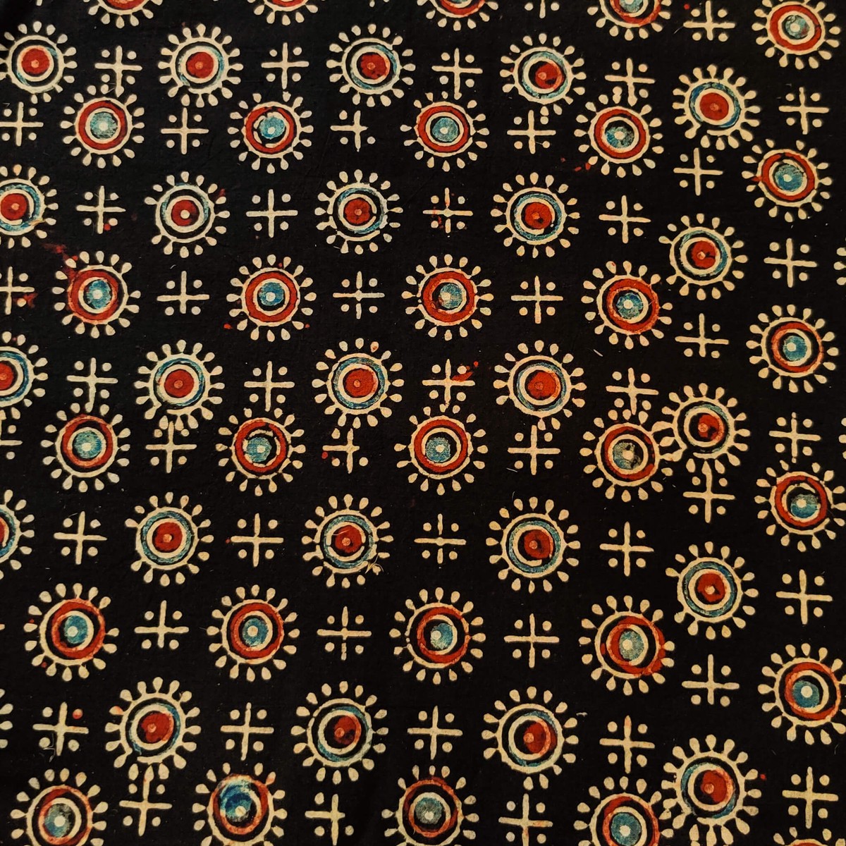 Pure Cotton Ajrak Black With Blue And Red Tribal Circles Motif Hand Block Print Fabric