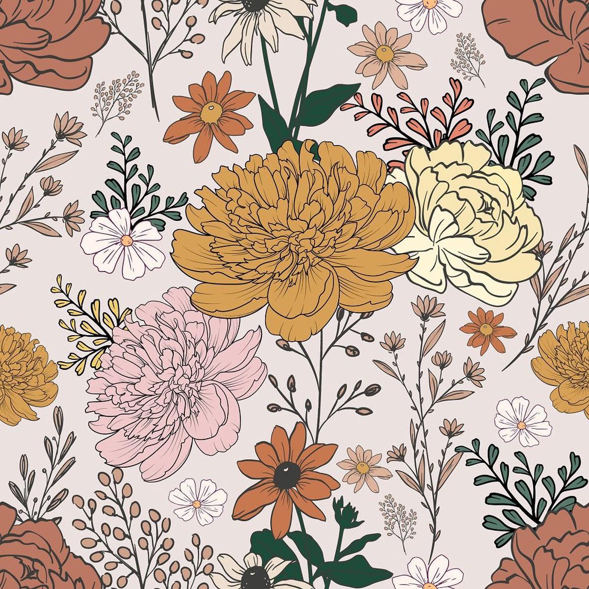 Retro Spring Floral Fabric - Tan