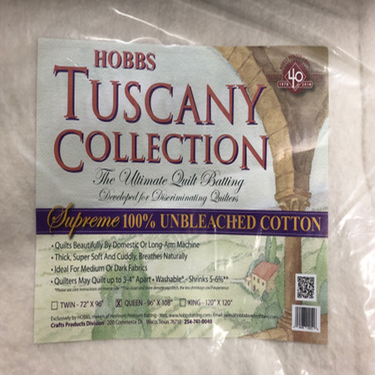 Hobbs/Tuscany Supreme Loft 100% Cotton Batting, Queen (96" X 108")