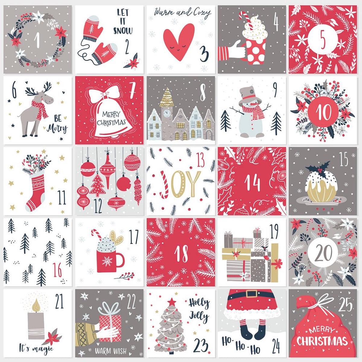 Christmas Advent Calendar Fabric Panel - RedGray