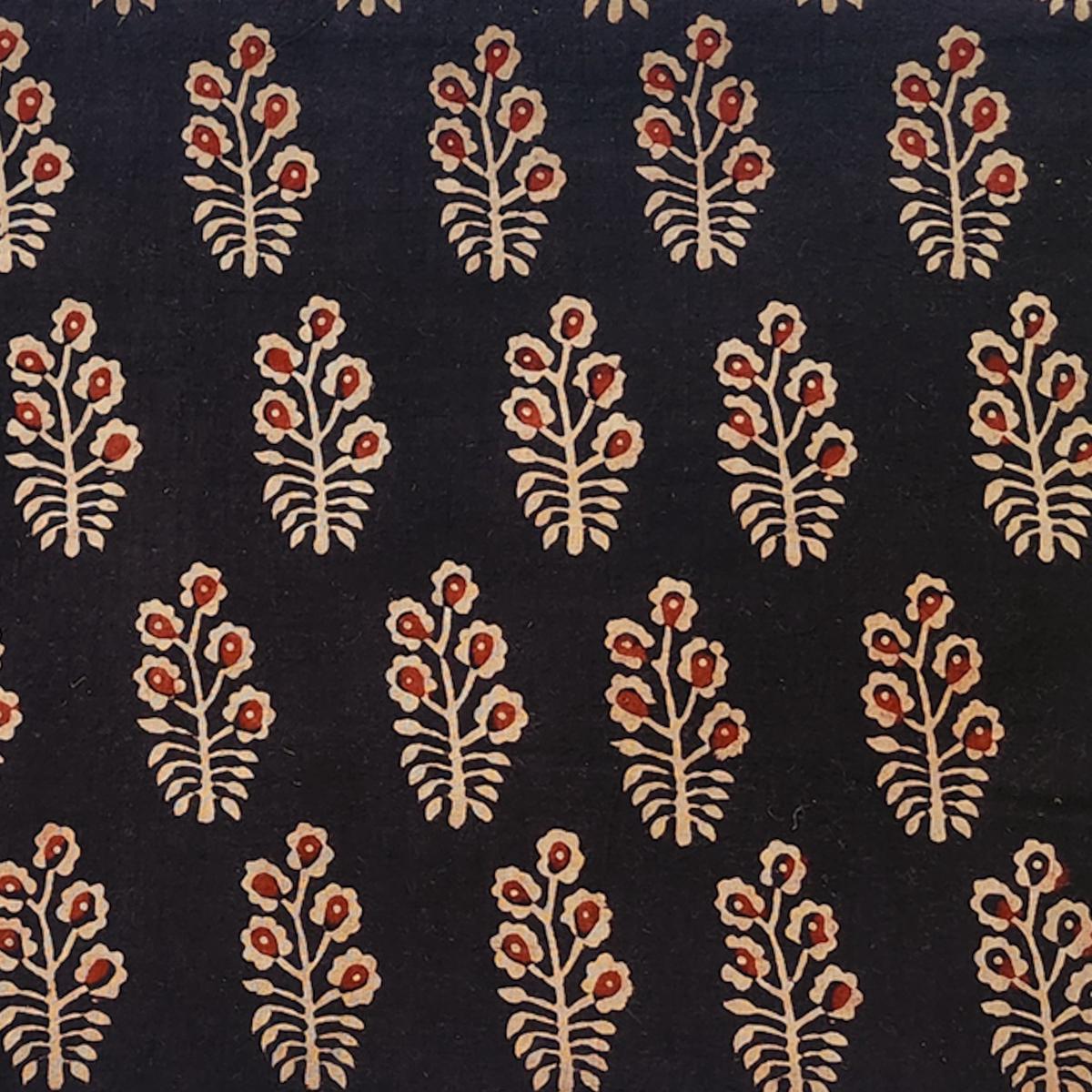 Pure Cotton Ajrak Vegetable Dyed Black With Cream Flower Plant Motif Hand Block Print Fabric