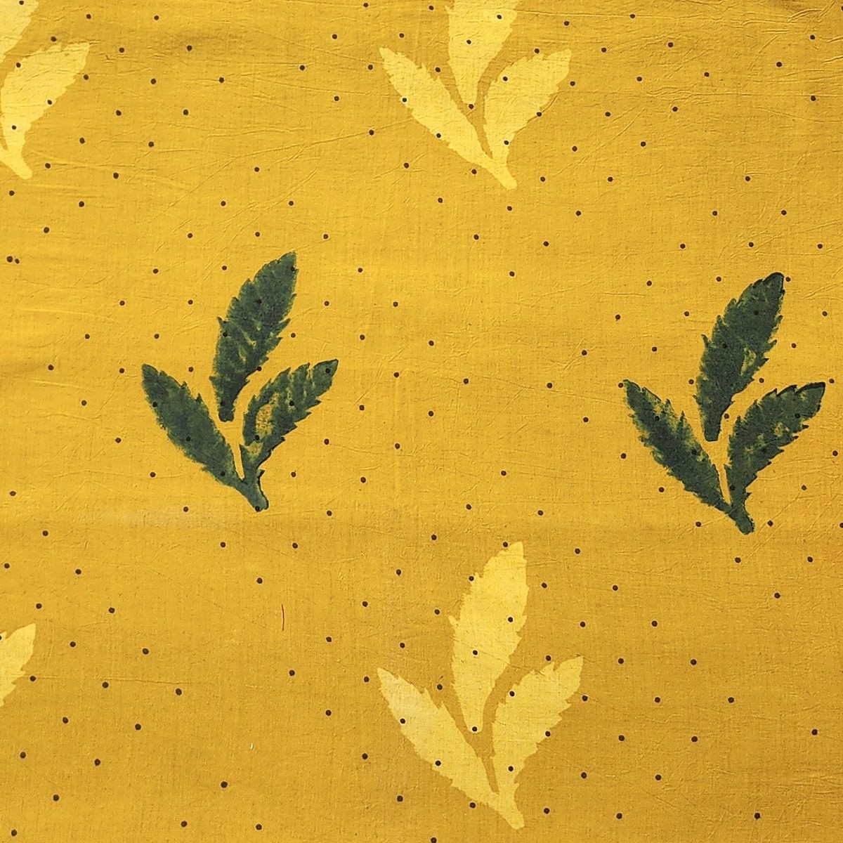 Pure Cotton Ajrak Yellow With Green Leaves Motif And Dotes Hand Block Print Fabric