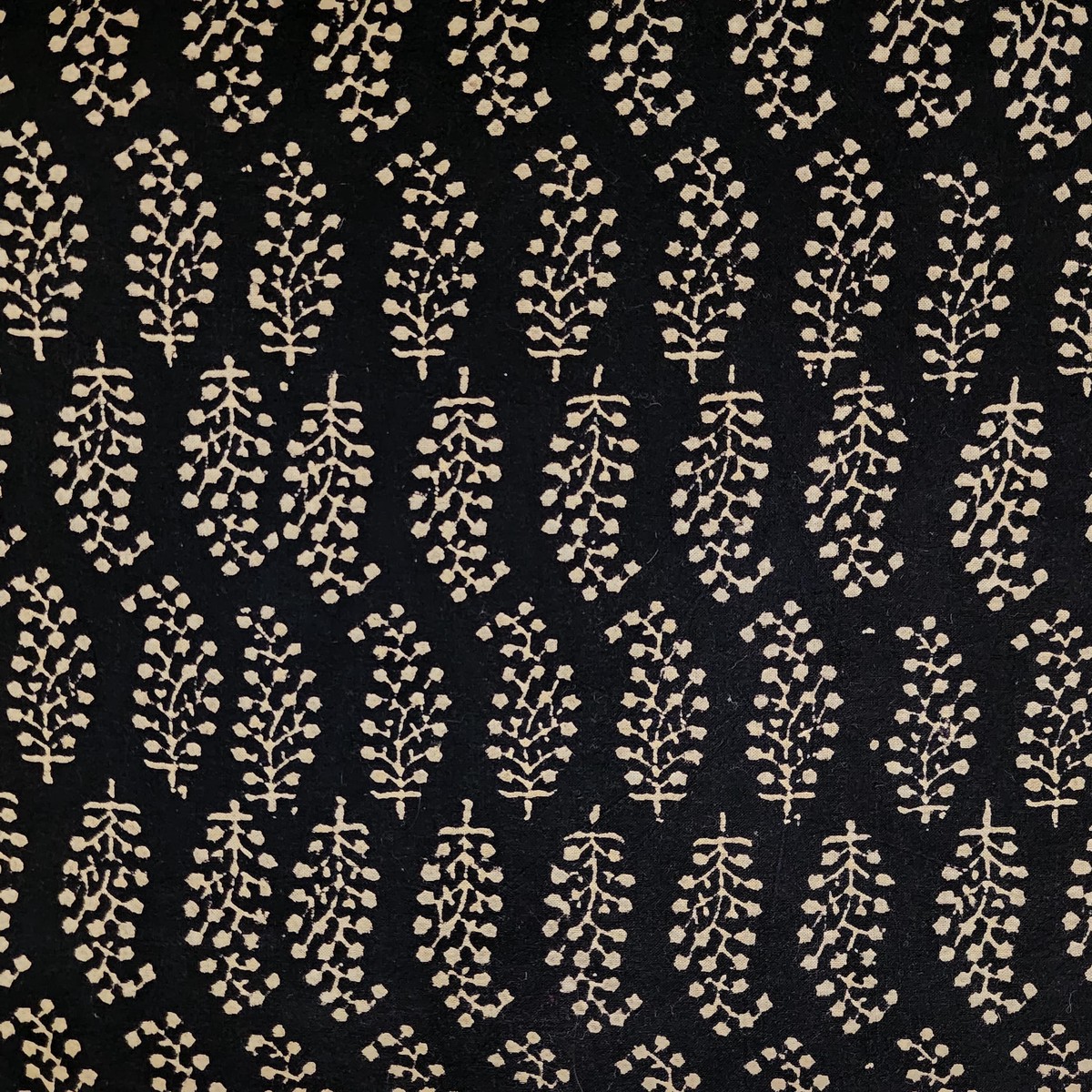 Pure Cotton Ajrak Black With Cream And Small Kairi Motif Hand Block Print Fabric