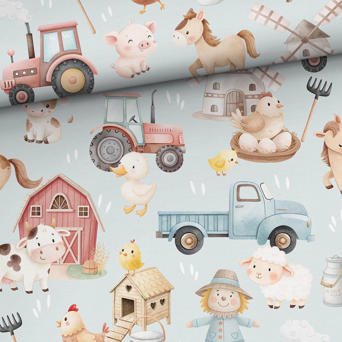 Cotton loopback knit - colorful farm life on a light blue background 250 g/m | Design-03