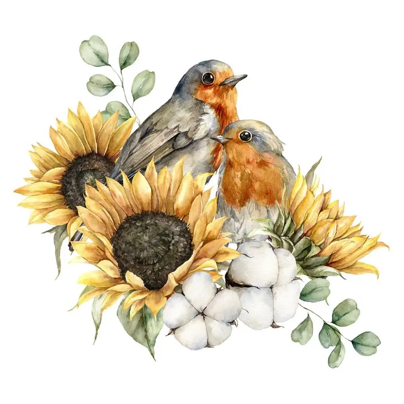 Mom & Baby Robin in Bouquet Fabric Panel