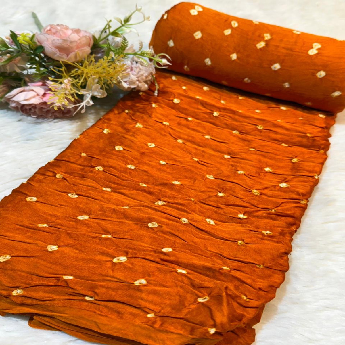 (Pack Of 5 meter) Rust Orange Pure Gajji Silk Original Hand Bandhej 42 inch width