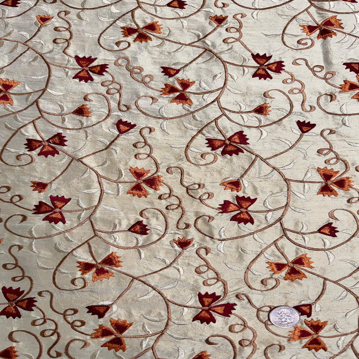 Dark Beige/Multicolor Embroidered Dupioni Silk