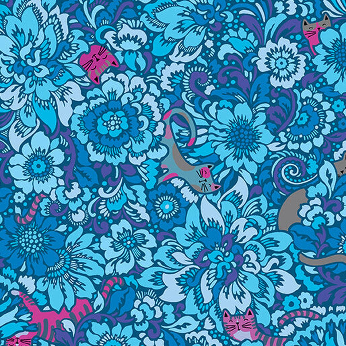 Elegant Kitties Blue Cheeto's World Cotton 44"/45" Fabric Per Yard