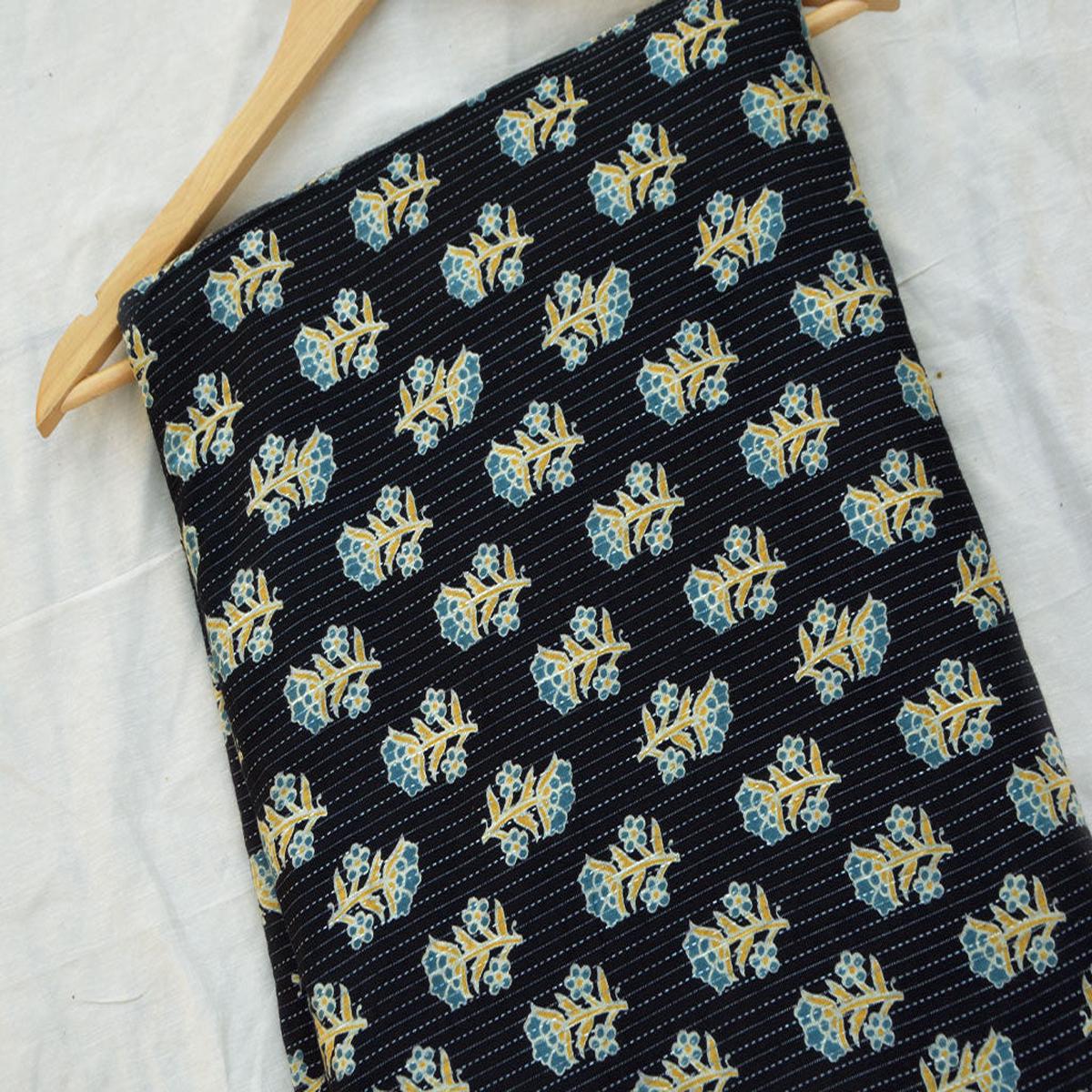 Precut Of 2.5 Meter Black Floral Pure Cotton Kantha Fabric