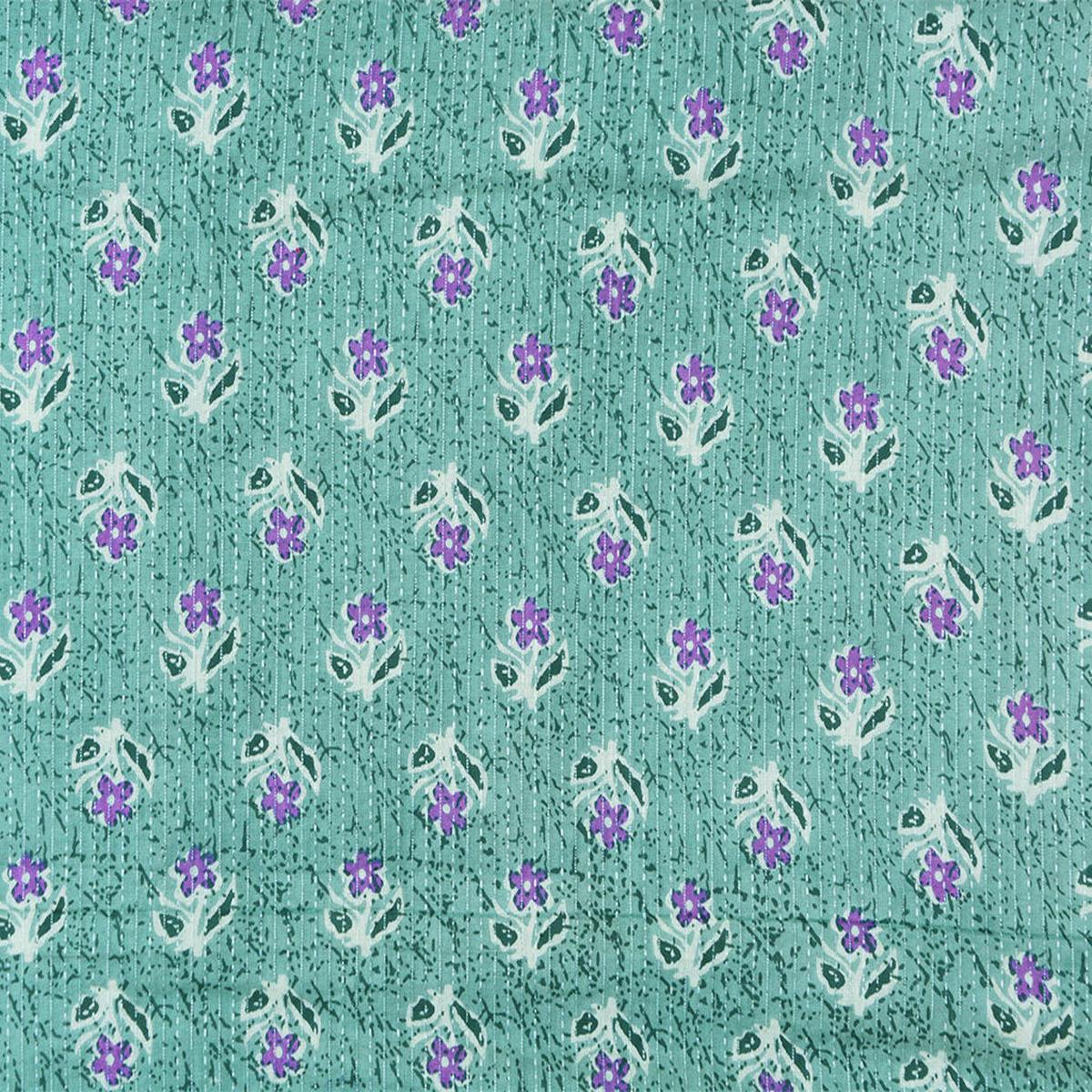 Mint Green Floral Pure Cotton Kantha Fabric (Hot Seller)