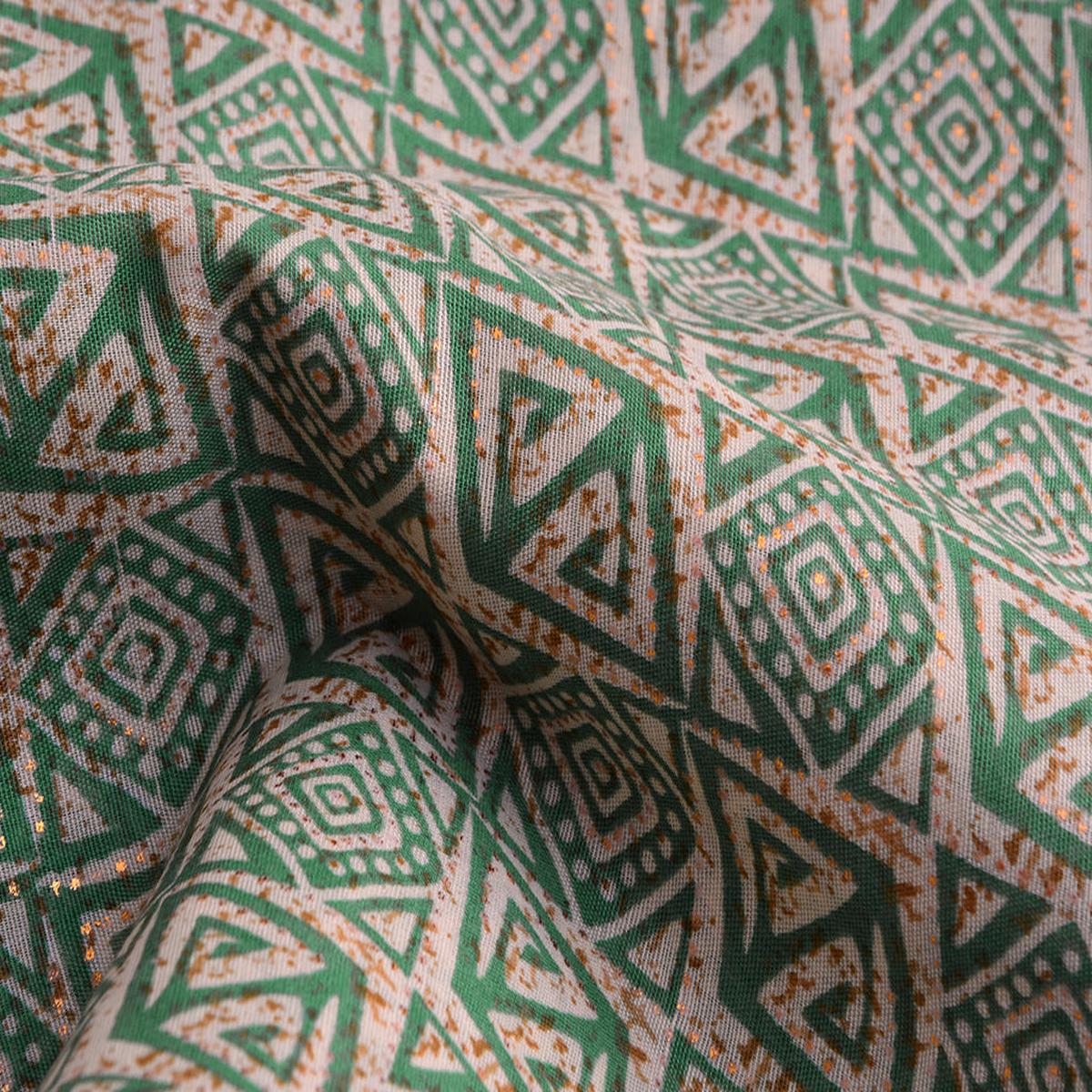 Precut of 1 meter Light Green Floral Foil Digital Printed Slub Cotton Fabric