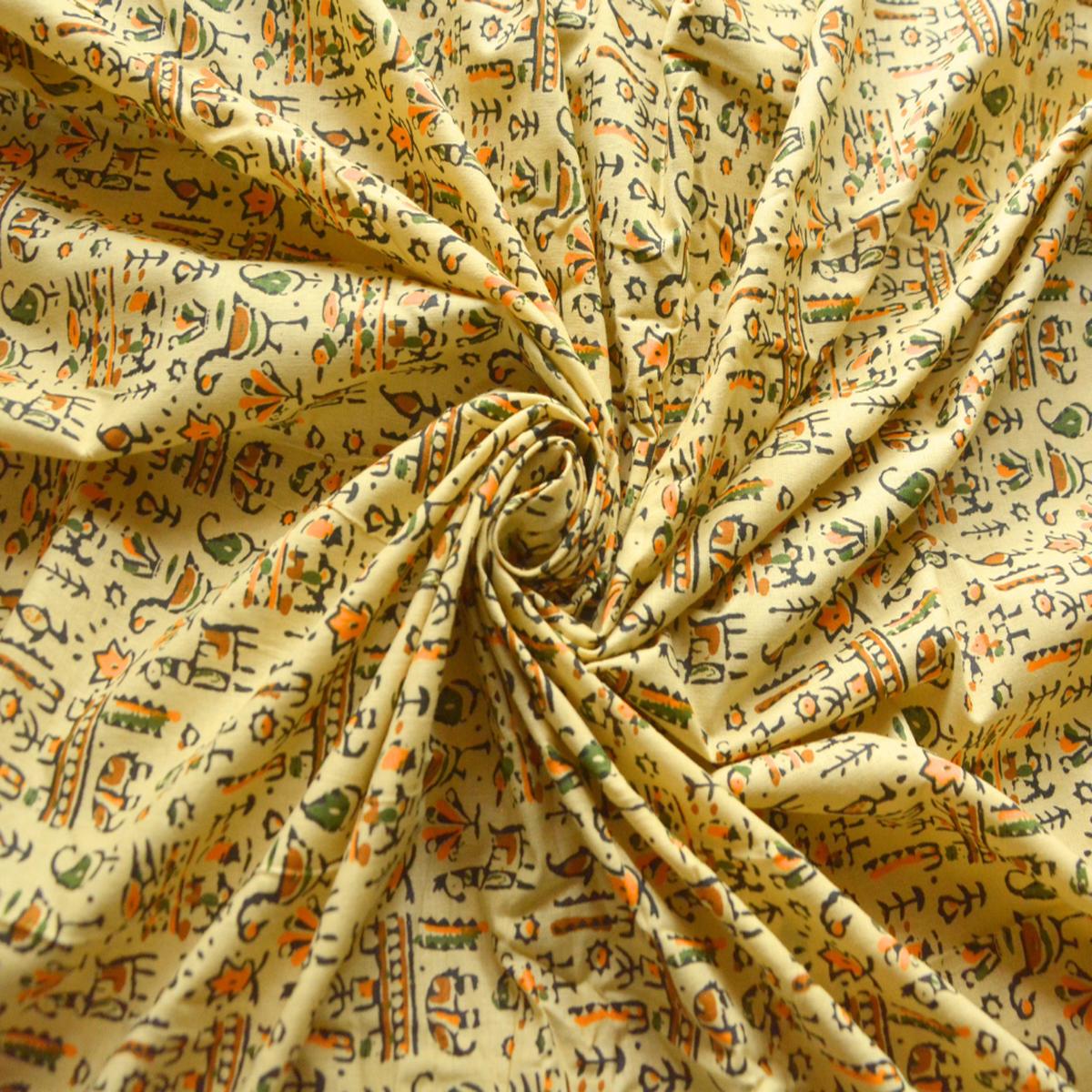 Beige Traditional Warli Printed Pure Cotton Fabric