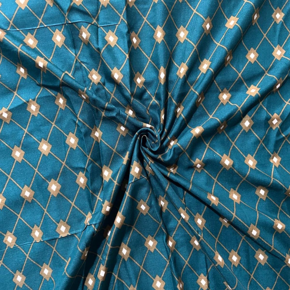 Deep Teal Check Printed Soft Cotton Slub Fabric