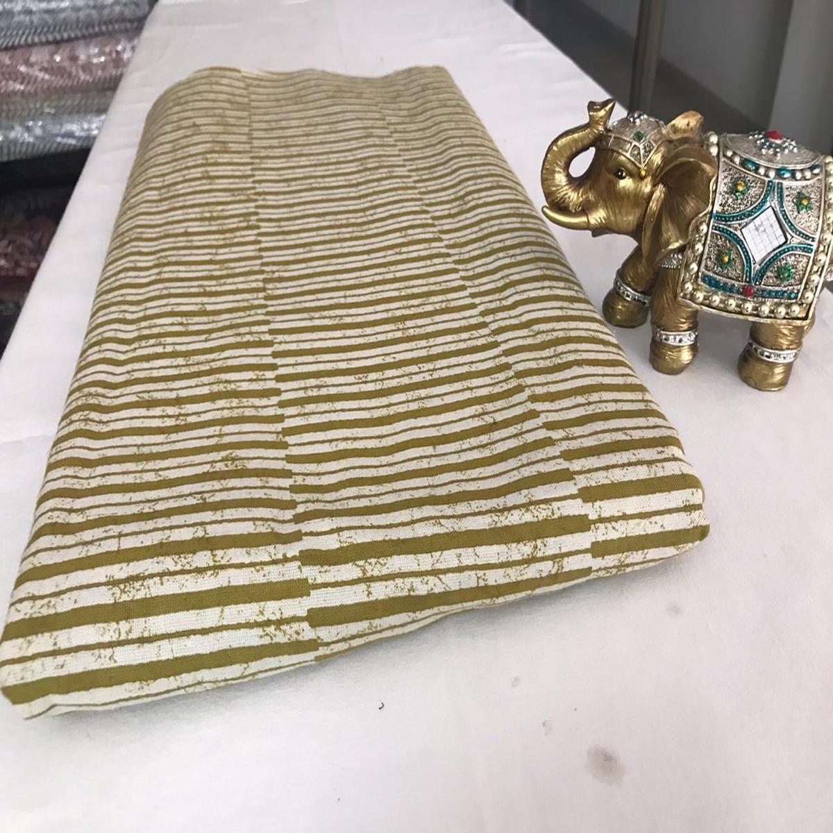 Mehendi Green White Abstract Stripes Hand Screen Printed Flex Cotton Fabric