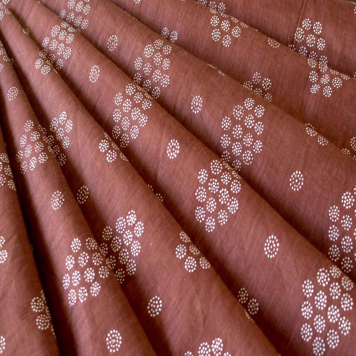 Brown White Motifs Printed Pure Cotton Fabric