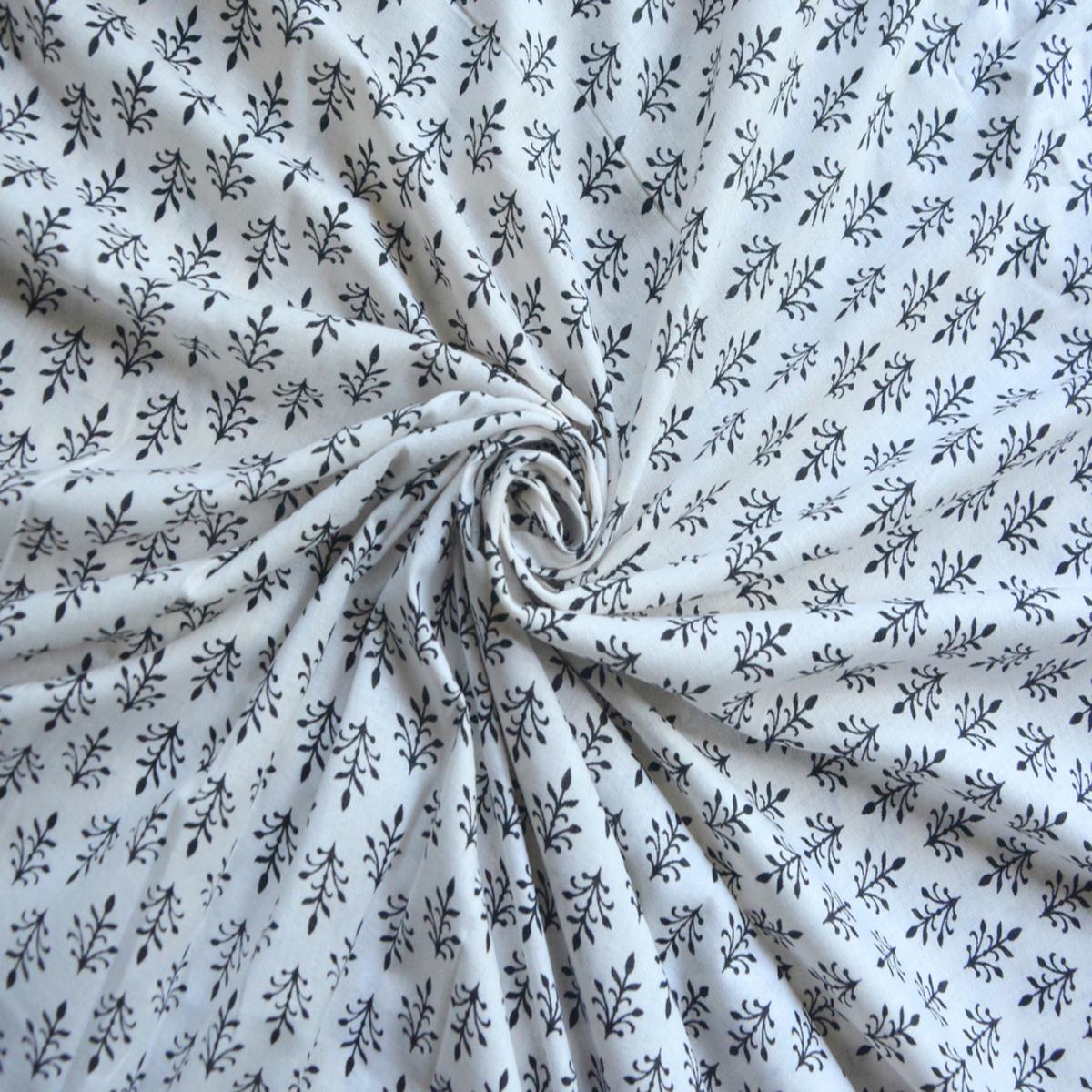 Precut Of 1.5 Meter White & Black Flower Motif Printed Pure Cotton Fabric
