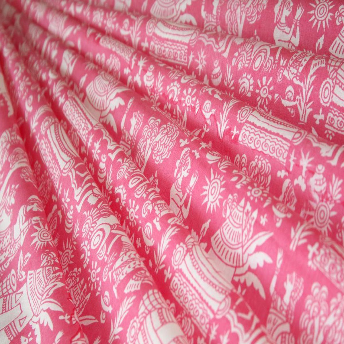 Pink Warli Printed Pure Cotton Fabric