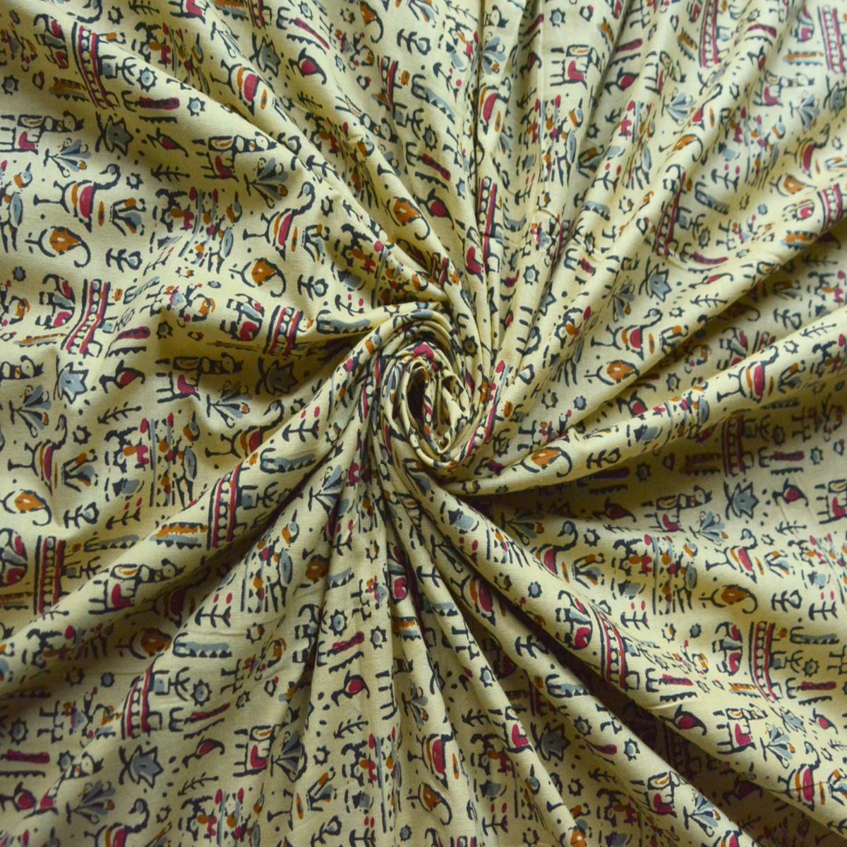 Precuts Of Cream Traditional Warli Printed Pure Cotton Fabric