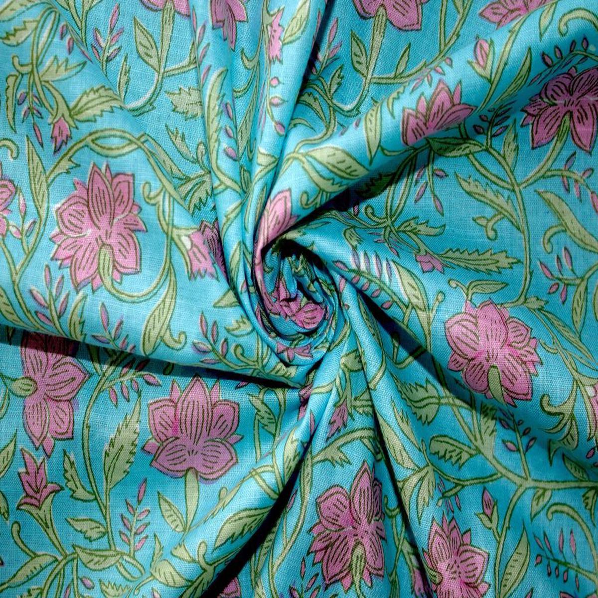 Blue Pink Flowers Printed Pure Cotton Fabric