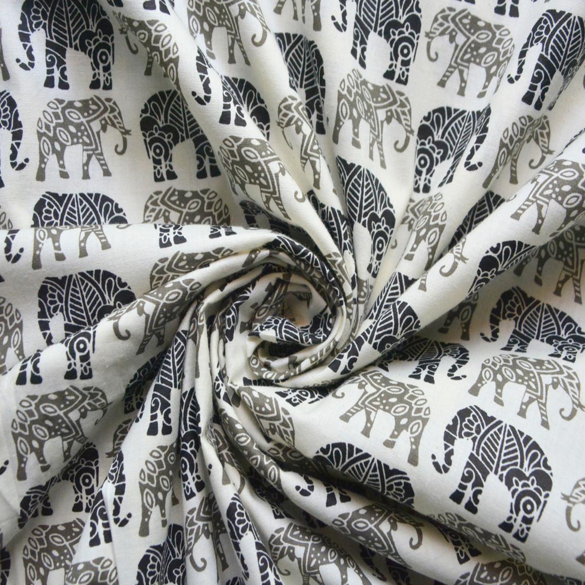 Off - White Traditional Elephant Printed Pure Cotton Fabric