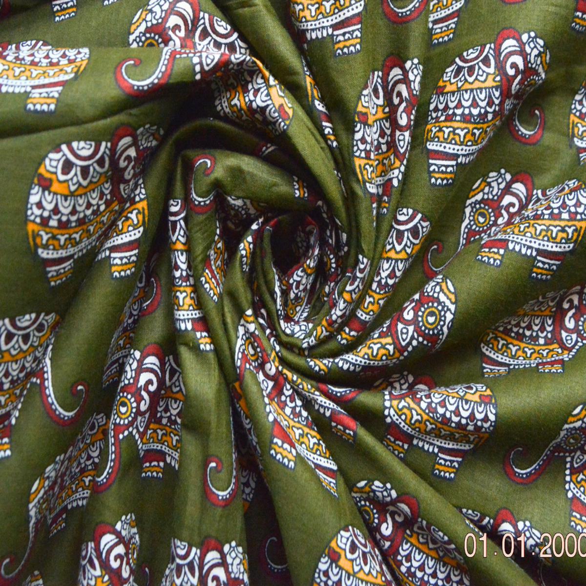 Green Traditional Elephant Printed Pure Cotton Fabric