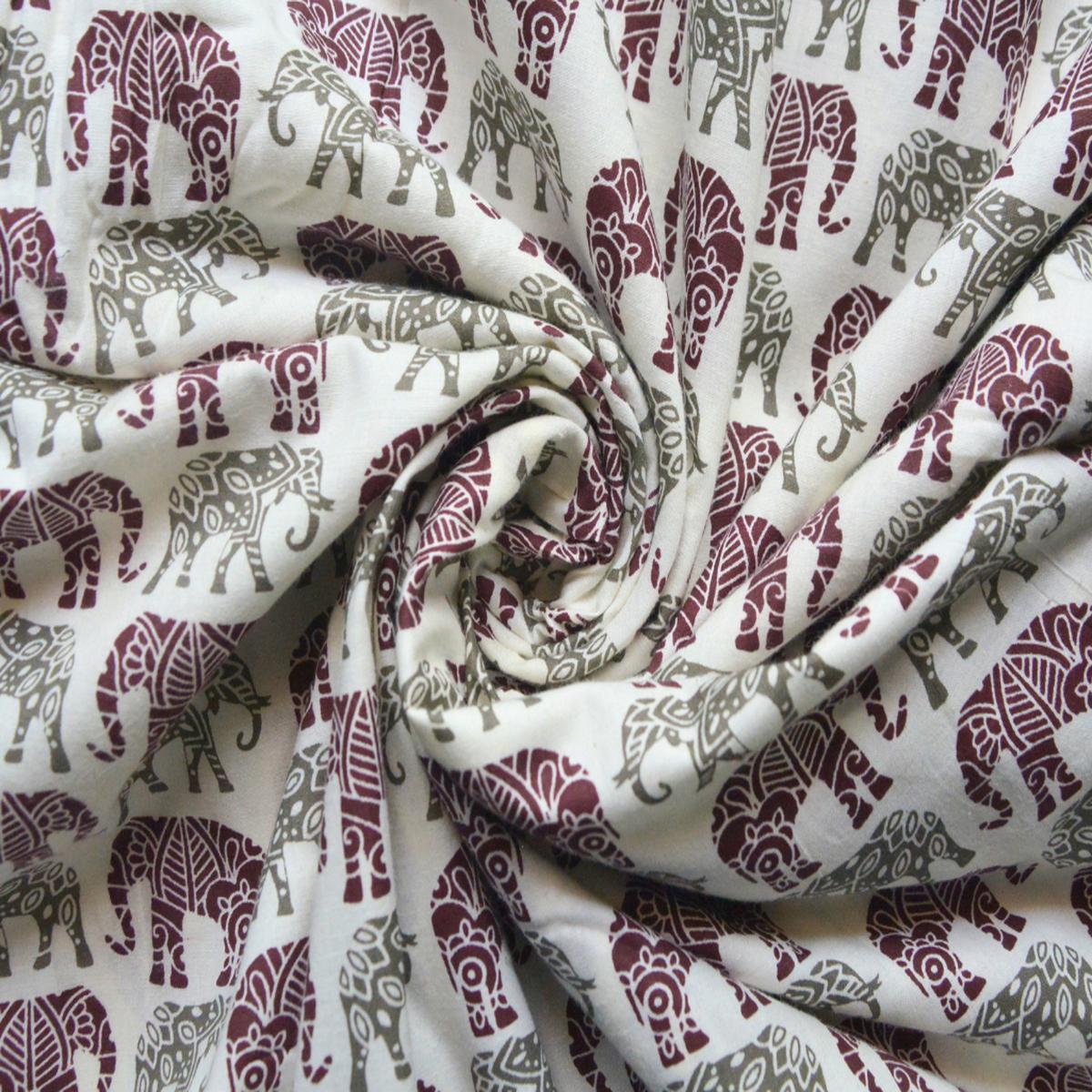 Off - White And Maroon Traditional Elephant Printed Pure Cotton Fabric