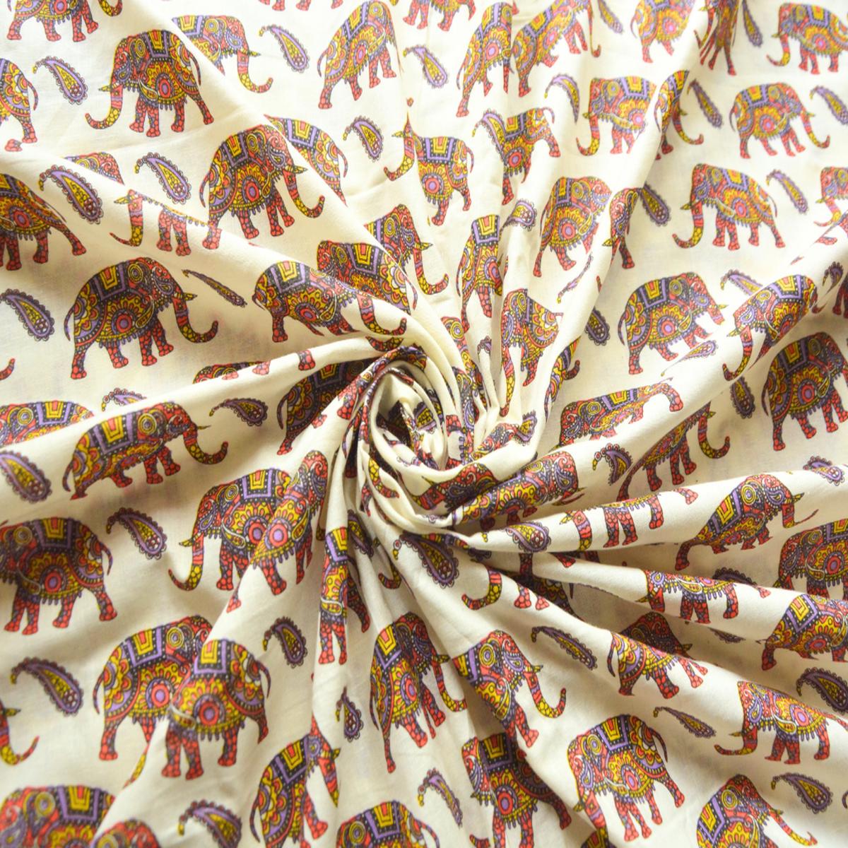 Precut Of 1.5 Meter Cream Traditional Elephant Printed Pure Cotton Fabric