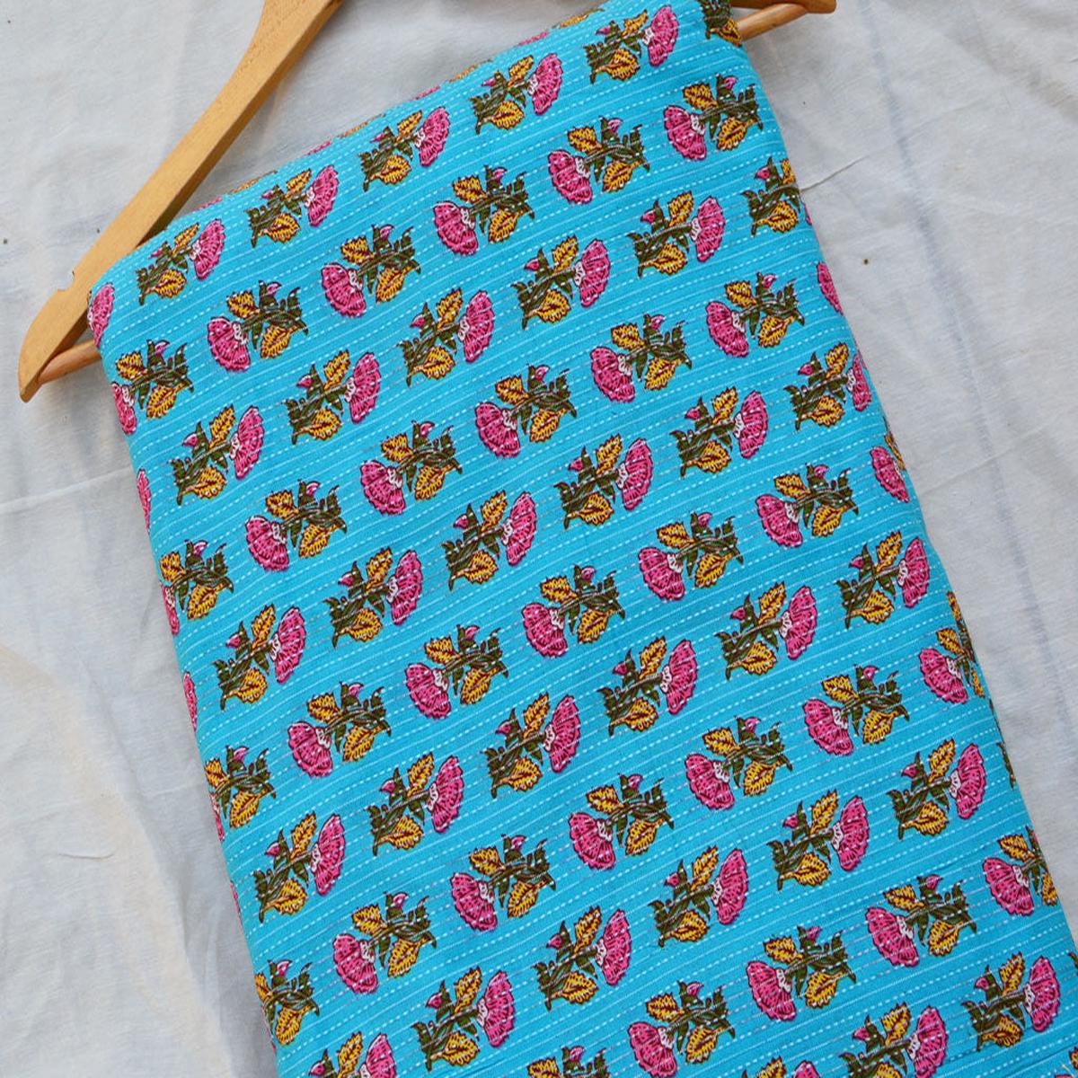Precut of 2.5 meter Light Blue Floral Pure Cotton Kantha Fabric