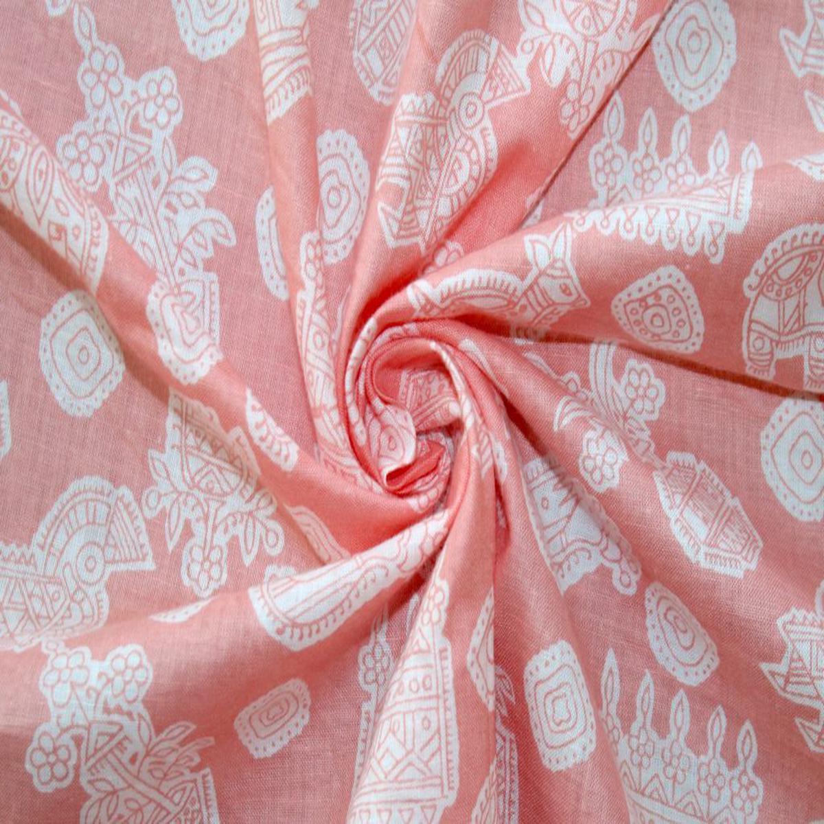 Light Peach Pink Traditional Objects Printed Pure Cotton Fabric